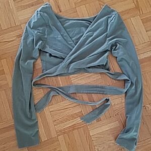 Y2K GUESS Khaki Cropped Tie Or Wrap Long Sleeves Fitted Top